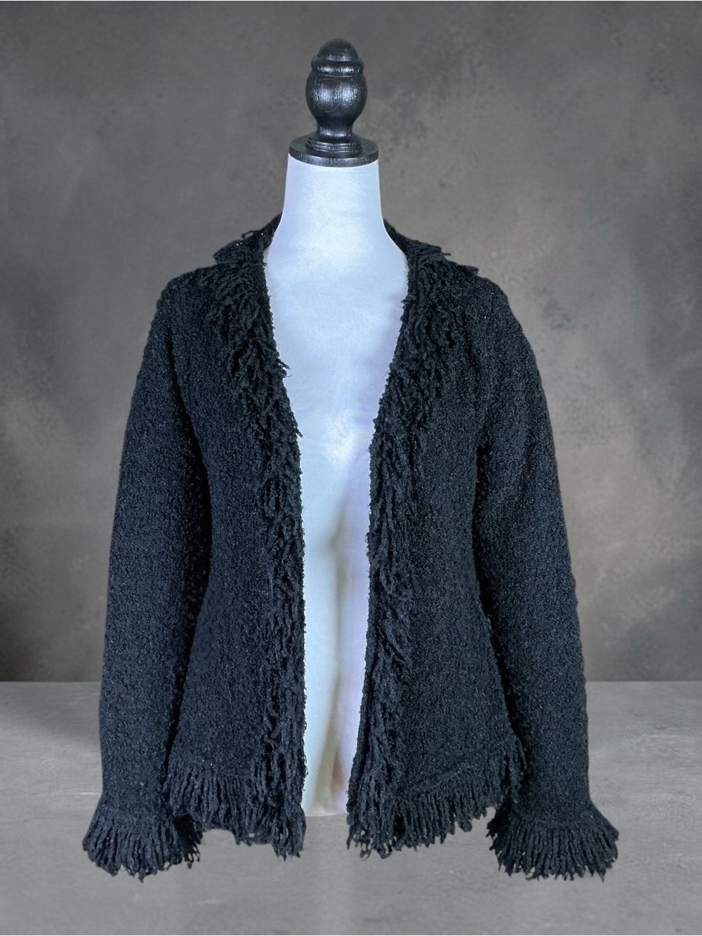 Vintage 52 Weekends Sweater Black Cardigan Fringe Knit Open Front Goth Grunge L